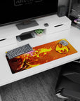 Anime mouse pad featuring Rengoku from Demon Slayer, 32x12 inches, with fiery hues of yellow and orange, enhancing your desk.