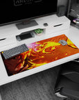 Rengoku anime desk pad 36x16 inches featuring fiery design with molten flames and intense gaze from Demon Slayer.