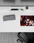 Moody crimson drapes and soft window light on an anime girl mouse pad 14x10 inches with ruby ribbons.