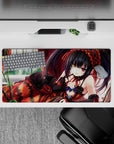 32x16 inches anime girl mouse pad in crimson drapes and soft window light with glowing heterochromia eyes.