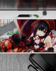 Anime girl mouse pad 40x20 inches in crimson drapes and soft window light, flirty dark romantic vibe.