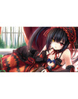 Anime girl desk pad 40x20 inches with black lace outfit, ruby ribbons, frills, and zigzag skirt pattern.