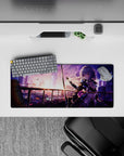 Violet and pink neon dusk anime mouse pad 28x12 inches, calm late-night gaming vibe with soft drama.