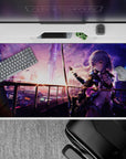 Violet and pink neon dusk anime desk pad, soft dramatic cyberpunk glow, 40x20 inches.