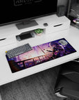 32x12 inches anime girl mouse pad featuring silver-haired swordswoman with calm stare in neon city scene.