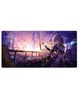 32x16 inches anime girl mouse pad with cyberpunk skyline, neon city reflections, and floating petals.
