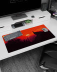 Modern 32x16 inches mouse pad featuring striking sunset, with orange skies and dark mountain silhouettes for a dramatic, bold workspace look.