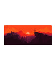 Mouse pad featuring striking sunset, 28x12 inches, with orange skies and dark mountain silhouettes for an energetic, dramatic workspace look.