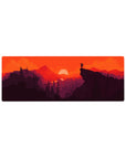 Compact 32x12 inches mouse pad with striking sunset, blending orange skies and dark mountain silhouettes for a bold, energetic effect.