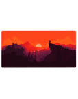 Mouse pad featuring striking sunset, 32x16 inches, with orange skies and dark mountain silhouettes for a bold, energetic desk effect.