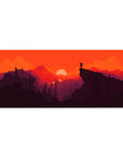 Mouse pad featuring dramatic sunset, 36x16 inches, with orange skies and dark mountain silhouettes for a bold and adventurous workspace design.