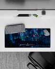 Neon rain, deep teal shadows, pink and ice blue glow anime mouse pad with calm cyberpunk mood, 28x12 inches.