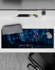 Neon pink and ice blue with deep teal shadows anime mouse pad 32x12 inches, late-night cyberpunk calm.