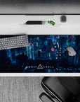 Neon pink and ice blue glow with deep teal shadows, late-night cyberpunk anime desk pad, 36x16 inches.