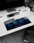 Lone rooftop figure facing towering holographic faces and electric billboards anime mouse pad, 28x12 inches.