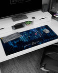 Lone rooftop figure facing holographic faces and kanji billboards in a towering city, anime desk pad 36x16 inches.