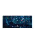 Ghost in the Shell cyberpunk cityscape anime mouse pad, holograms and kanji signs, 28x12 inches.