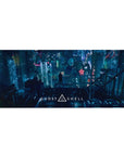 Ghost in the Shell cyberpunk cityscape anime desk pad, holographic signs and rooftop figure, 36x16 inches.