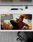 32x16 inches anime mouse pad in warm gold glow with bold contrast, chaotic flying debris, and cool vibe.