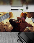 Anime desk pad 40x20 inches in warm gold light with bold contrast and chaotic shockwave energy.
