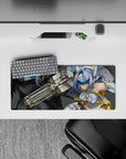 Moody grey anime desk mat 28x12 inches with glossy highlights, icy blues, and a fast dangerous vibe.