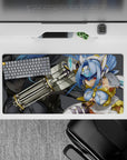 Moody grey anime desk mat 32x16 inches in icy blues and gold, glossy highlights, dangerous vibe.