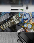 40x20 inches anime desk pad in icy blues and smoky greys, red-eyed heroine with glossy highlights.