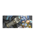 Sci-fi anime girl mouse pad 28x12 inches with icy blue hair, red eyes, and white-gold armor.