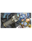 Sci-fi anime girl mouse pad 32x16 inches with icy blue hair, red eyes, and white-gold armor.