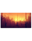 Mouse pad featuring a sunset forest, 32x16 inches, with warm oranges and golds for a glowing, adventurous workspace vibe.