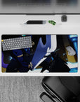 Anime mouse pad 32x16 inches depicting Kirito battling Minotaur boss with blue flames and glowing swords for gaming.