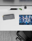 Icy blue anime mouse pad 14x10 inches with crisp contrast and a tense, moody lineup of faces.