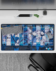 Cool icy blue moody anime mouse pad 32x16 inches with sharp panels, crisp contrast, and tense vibe.