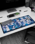 36x16 inches Mirai Nikki desk pad featuring Yuno’s soft smile and Yukiteru’s anxious eyes in a lineup.