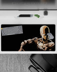 32x16 inches anime mouse pad in stark black and beige, calm intense mood with sharp shadows.