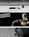 Black-and-beige anime desk pad 36x16 inches with stark contrast, calm intense mood, smooth minimal style.