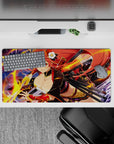 Anime girl mouse pad 32x16 inches in warm reds and neon gold, midnight flame arcs and glossy highlights.
