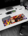 32x12 inches anime girl mouse pad featuring a cheeky twin-katana duelist with crimson ribbons and flames.