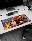 Anime girl mouse pad 32x16 inches showing a cheeky red-haired swordswoman with twin katanas and ribbons.