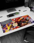 Cheeky anime swordswoman with twin katanas and swirling flames desk pad 36x16 inches in deep night.