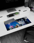 28x12 inches mouse pad featuring blue-eyed anime girl gazing at a snowy neon city street at night.