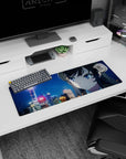32x12 inches mouse pad featuring blue-eyed anime girl watching snowfall over a blurred neon city at night.