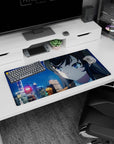 32x16 inches anime girl mouse pad featuring a quiet blue-eyed girl watching snowfall under city lights.