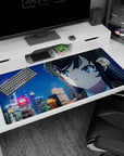 Anime girl desk pad 40x20 inches featuring a quiet blue-eyed anime girl under streetlights in snowfall.
