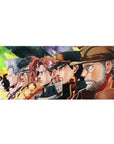 Desk pad featuring Jotaro, Polnareff, Kakyoin, Avdol, Joseph, and Iggy from JoJo’s Bizarre Adventure, 36x16 inches.