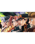 Desk pad featuring Jotaro, Polnareff, Kakyoin, Avdol, Joseph, and Iggy from Stardust Crusaders, 40x20 inches.