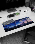 32x12 inches anime mouse pad showing a lone rocket streak over rooftops and tangled power lines.