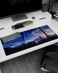 36x16 inches anime desk pad showing a rocket streaking over rooftops and wires, bright white trail.