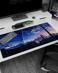 40x20 inches anime desk pad showing a lone rocket streak above rooftop silhouettes and tangled wires.