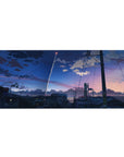 Anime desk pad 36x16 inches with quiet city rooftops, power lines, and a rocket trail at dusk.